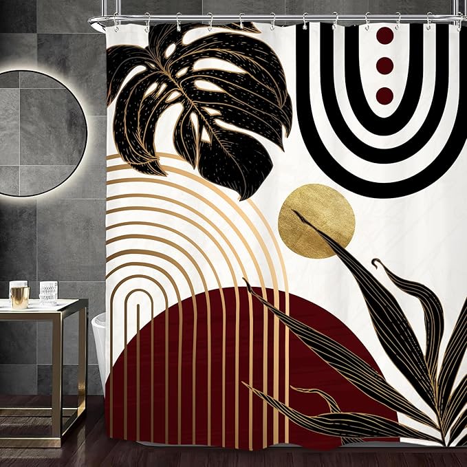 Miyotaa Abstract Burgundy Black Shower Curtain Set 60Wx71H Inches Modern Minimalist Aesthetic Mid Century Retro Leaves Modern Contemporary Waterproof Bathroom Curtain with 12 Hooks