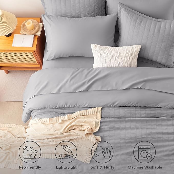 CozyLux King Size Comforter Set Grey, 7 Pieces Seersucker Textured Luxury Bed in a Bag Grey, All Seasons Soft Bedding Sets with Down Alternative Comforter, Sheets, Pillowcases & Shams, Home Gift