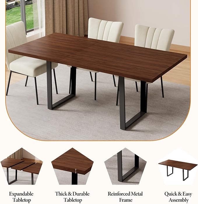 ZckyCine 67" Expandable Walnut Dining Table and 6 Upholstered Chairs, 7-Piece Modern Dining Set