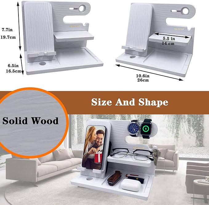 VEIYAILU Gifts for Women Girlfriend Men Him Husband Boyfriend Son Boss Wood Phone Docking Station Nightstand Organizer Anniversary Birthday Gifts (White)
