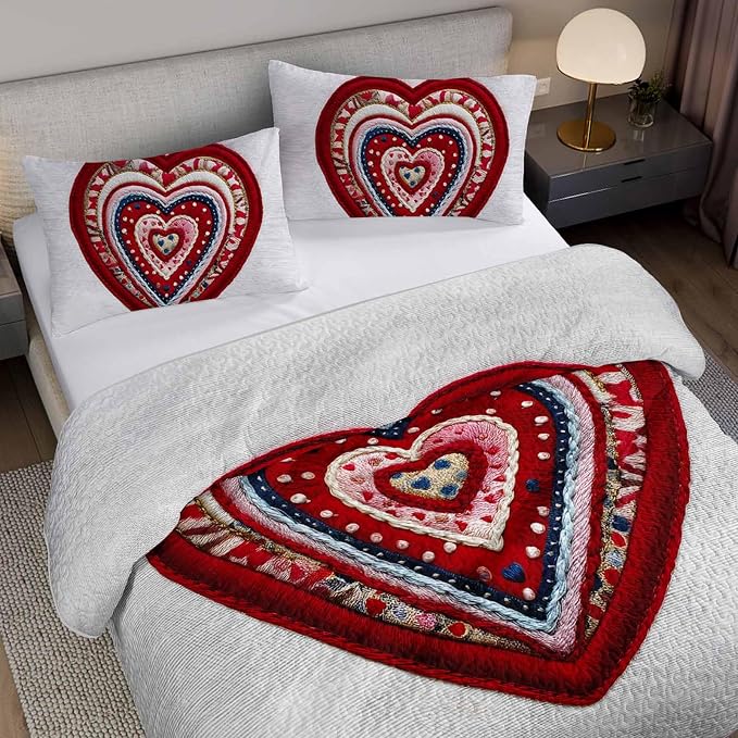 AILONEN Red Knitted Heart Quilt Set King Size,Heart Reversible Bedding Sets,Romantic Moment Bedspread Coverlet with 2 Pillowcases,3-Piece,Soft Lightweight Microfiber