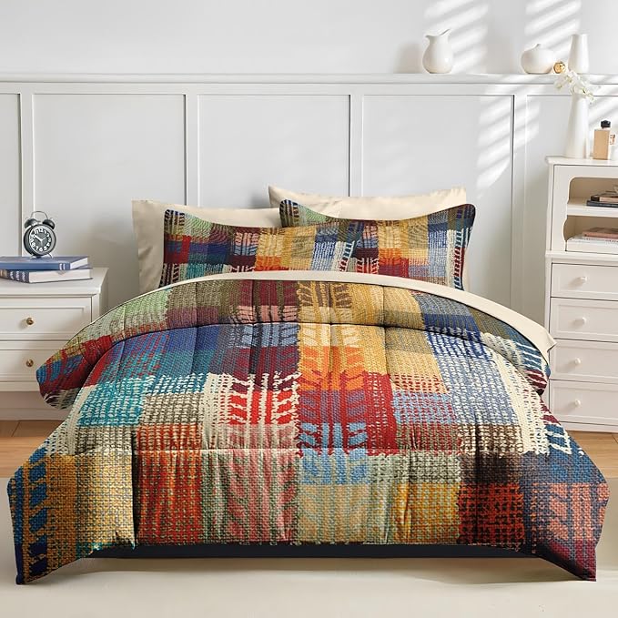 Nesker Comforter Set Queen Size, Boho Vintage Geometric 7 Pcs Bedding for Kids and Adults, Painting Colorful African Bed Sheet Sets with Fitted Sheet 2 Pillowcases & 2 Shams