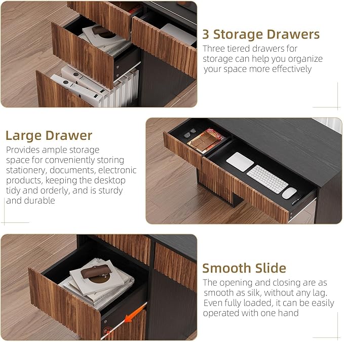 4 EVER WINNER 48 Inch Small Desk with Drawers, Computer Desk with Drawers and Storage Cabinet, Office Desks with Hidden Handle for Home Living Room, Wooden Desk for Small Spaces, Black