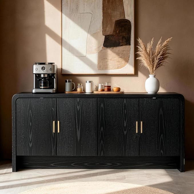 Finnhomy 68'' Sideboard Buffet Cabinet with Storage, Curved Design Credenza Storage Cabinet with 4 Doors, Console Cabinet for Kitchen, Living Room & Hallway, Black