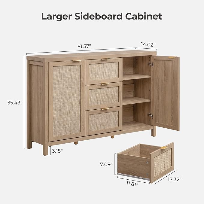SICOTAS 52" Larger Sideboard Buffet Coffee Bar Cabinet with Storage - Farmhouse Rattan Credenza Storage Cabinet with 3 Drawers and 2 Doors, Boho Console Table for Living Room, Kitchen, Light Oak