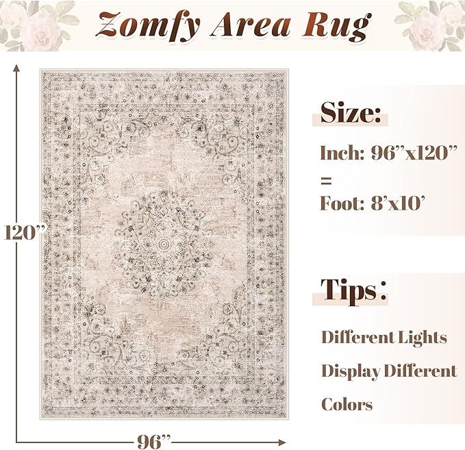 Area Rug 8x10 Vintage Rug: Large Washable Indoor Medallion Rugs Low Pile Distressed Floor Carpet Retro Accent Rug for Living Room Bedroom Kitchen Dining Table Home Office(Distressed Brown, 8'x10')