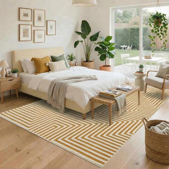 Washable Modern Lines Large Rug 10x13 for Living Room Modern Geometric Rugs Low Pile Soft Bedroom Carpet Thin Foldable Abstract Floor Carpet for Dining Kids Room Playroom, Orange Yellow