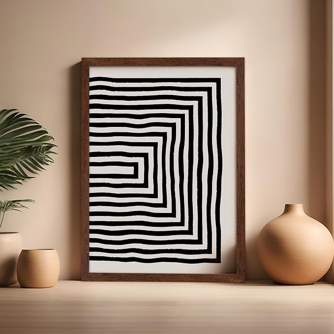 Poster Master Japanese Ink Poster - Rectangle Tunnel Print - Geometric Illustration - Abstract Illustration - Line Artwork - Mid Century Modern Art - Minimal Living Room Design - 16x20 Brown Framed