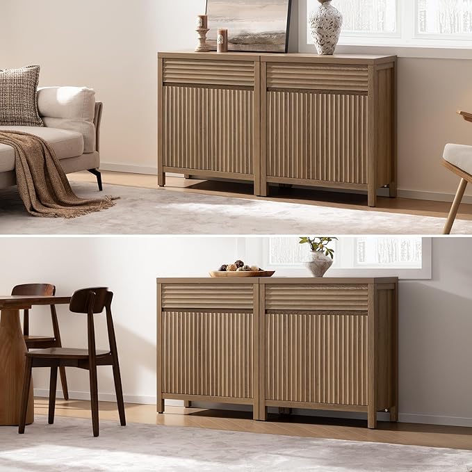 SICOTAS Fluted Buffet Cabinet with Storage - 29" Large Sideboard Modern Storage Cabinet Accent Coffee Bar Console Table with Drawers & Adjustable Shelves for Kitchen Living Room Entryway, Caramel Oak