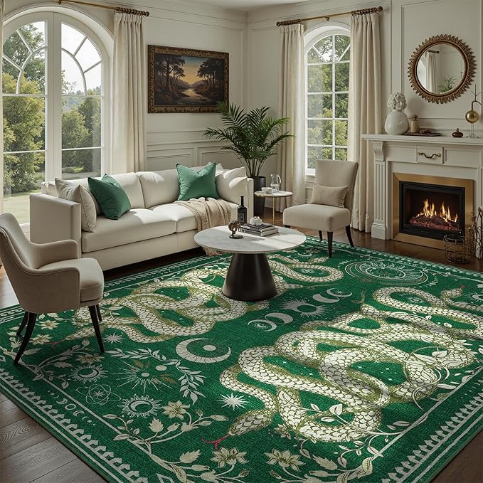 DCX Washable 9x12 Snake Rug, Green Gothic Rug for Living Room, Soft Low Pile Carpet, Kid & Pet Friendly with Rubber Back Non Slip, Stain Resistant Rug for Bedroom Dining Room Office