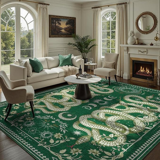 DCX Washable 9x12 Snake Rug, Green Gothic Rug for Living Room, Soft Low Pile Carpet, Kid & Pet Friendly with Rubber Back Non Slip, Stain Resistant Rug for Bedroom Dining Room Office