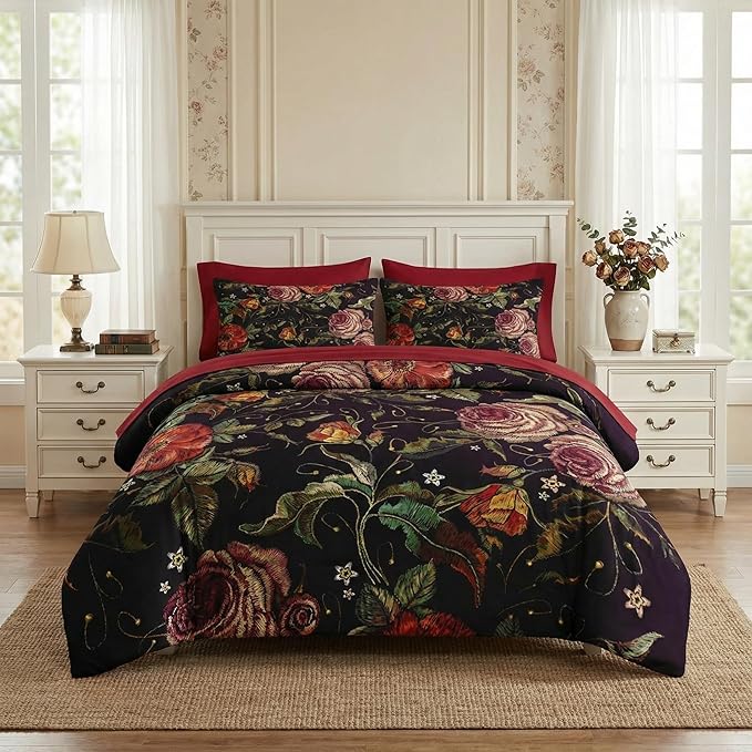 Nesker 7 Pcs Comforter Set Full Size, Retro Red Rose Flower Bedding Set for Kids and Adults, Floral Leaves Plant Bed Sheet Sets with Fitted Sheet 2 Pillowcases & 2 Shams