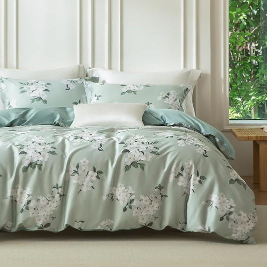 MILDLY King Size Duvet Cover Set 100% Long-Staple Cotton Luxury Sage Green Floral Patten Reversible Comforter Cover Set 3Pcs