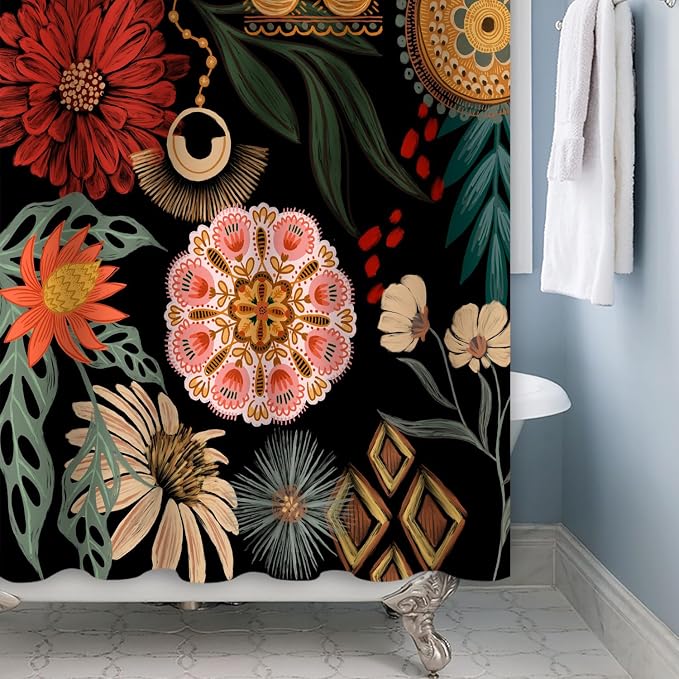 Black Boho Floral Shower Curtain Abstract Botanical Mid Century Modern Bathroom Decor Tropical Flower Shower Curtain with 10 Hooks,60x72 inches