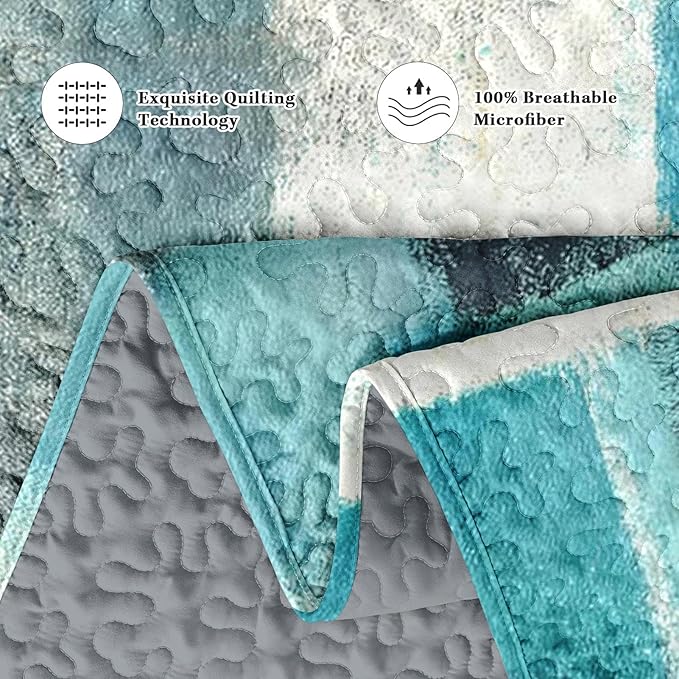 Pamnest Quilt Set Twin Size, Turquoise Grey Painting 2 Pcs Soft Bed Cover Bedding Set for Kids and Adults, Teal Contemporary Gray Lightweight Bedspread Coverlet with Pillow Sham for All Season