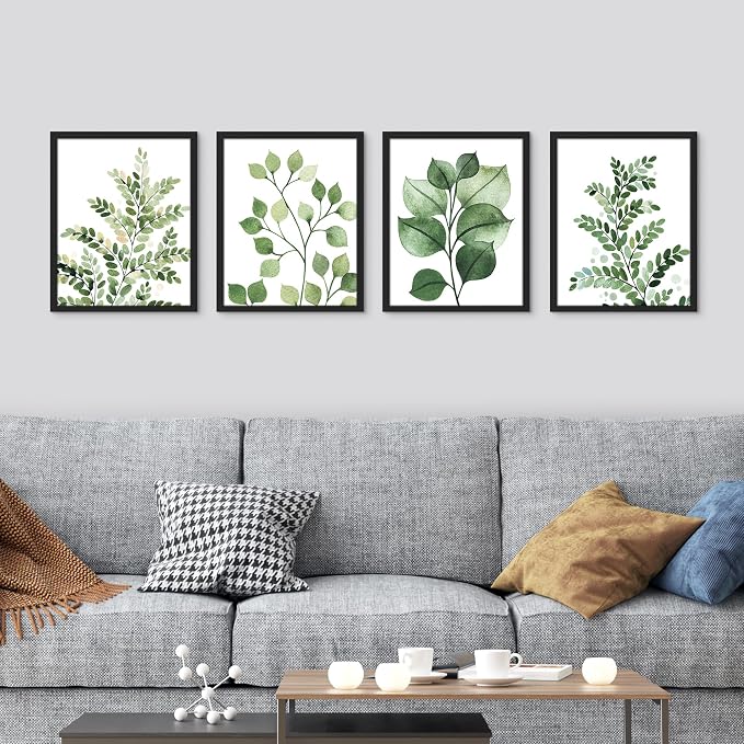 SIGNWIN Framed Green Pastel Forest Fern Leaf Wall Art, Set of 4 Collage Nature Garden Wall Decor Prints, Nature Wilderness Wall D¨¦cor for Living Room, Bedroom - 12"x16" Black