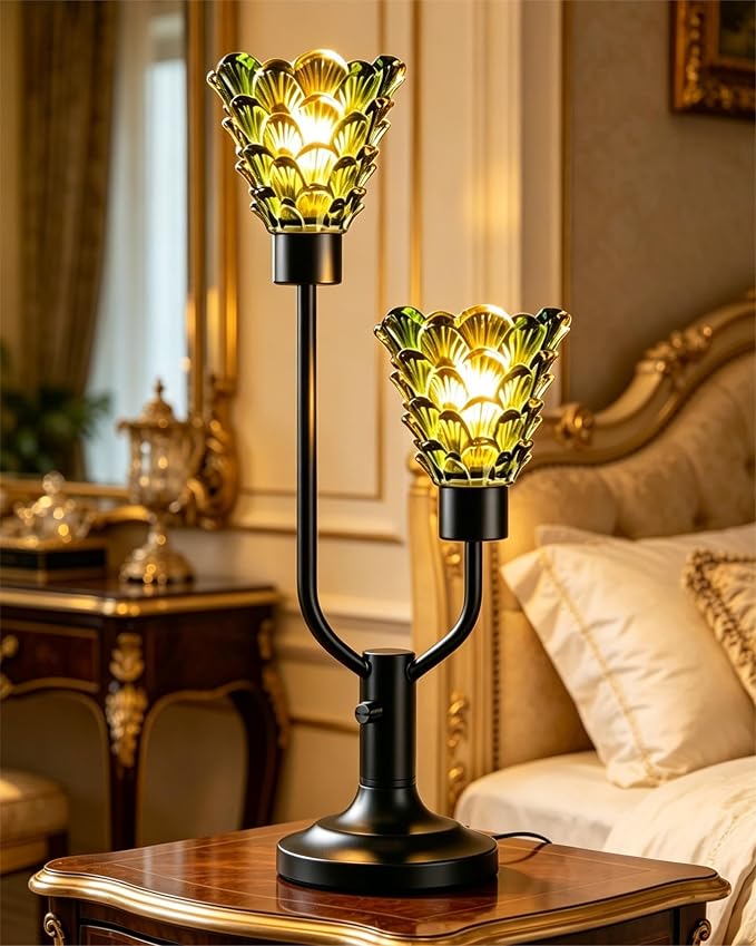 Lightdot Green Glass Table Lamp for Living Room Dimmable Mid Century Modern Vintage Desk Lamp Black Nightstand Lamp 2 Bulbs Included Warmwhite Ambient Bedside Lamp for Bedroom Home Office Decor Gift