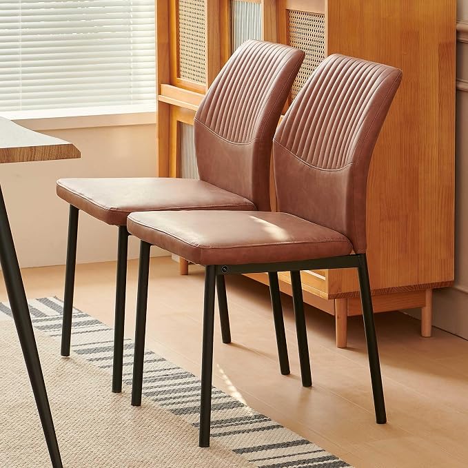 Dining Chairs Set of 2, Brown PU Leather Dining Chairs, Comfortable Upholstered Armless Kitchen Chairs with Black Metal Legs for Living Room, Dining Room, Kitchen