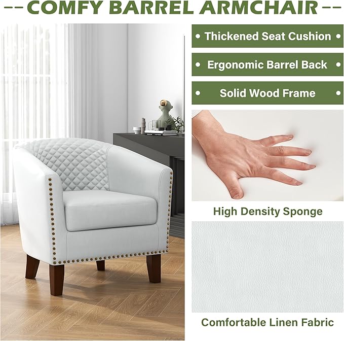 UIXE Faux Leather Barrel Accent Chair Modern Club Arm Chair, Comfy Upholstered Armchair Nailhead Trim Living Room Single Sofa Reading Seat Bedroom Side Sitting for Office Home, White