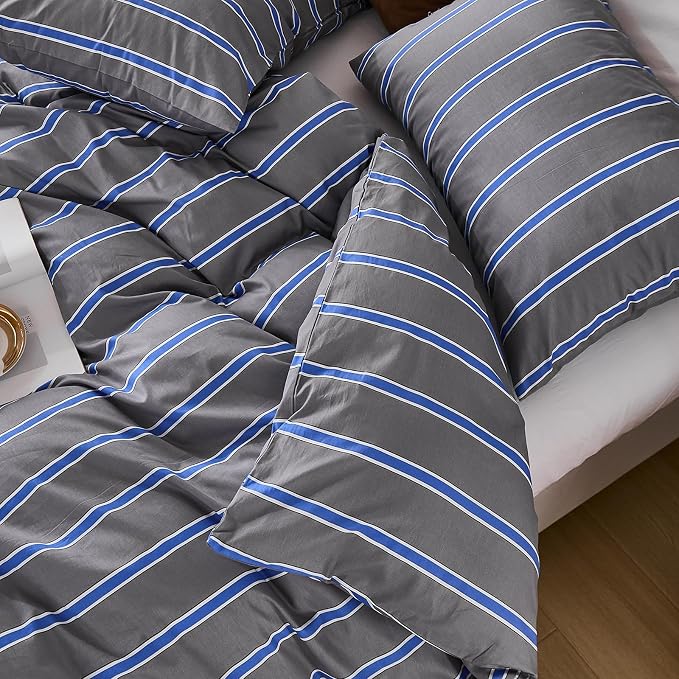 Merryword Blue and Gray Striped Duvet Cover Set Queen Size 100% Cotton Bedding Set with Modern Coastal Style Soft Breathable Linen Like Bedding Set 3 Pieces