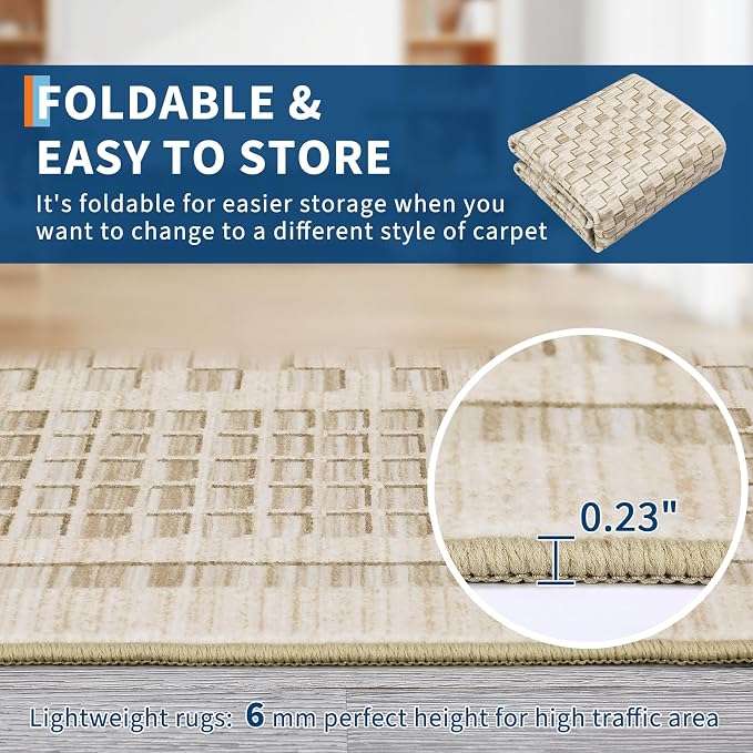 Washable Area Rug 5x7 Rug for Living Room Modern Large Area Rug for Bedroom Aesthetic Non Slip Throw Rugs Soft Faux Wool Low Pile Stain Resistant Carpet for Dining Room 5'x7' Beige