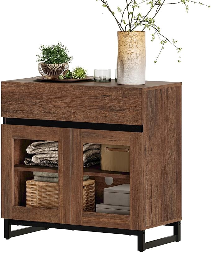 WAMPAT Sideboard Buffet Cabinets with Glass Doors and Drawer, Modern Sideboard Credenza with Adjustable Shelf, Coffee Bar Storage Cabinet for Living Room, Kitchen, Brown