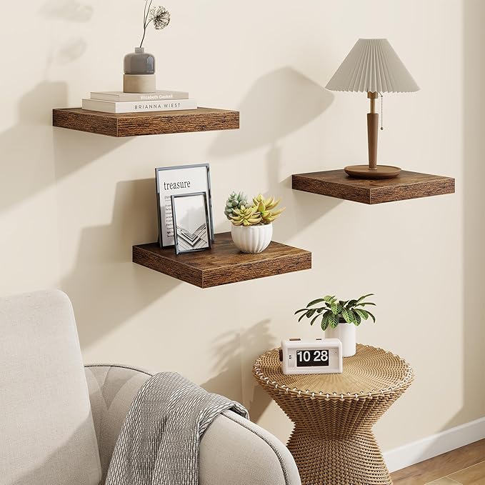 Square Floating Shelves for Wall, 9.25"W x 9.25"D x 1.25"H, 3 Pack Small Wall Mounted Engineered Wood Shelves with Invisible Brackets for Living Room, Bedroom, Bathroom, Kitchen Decor, Rustic Brown