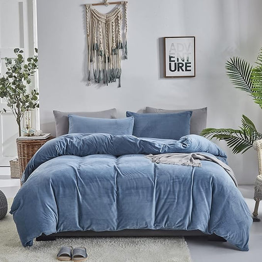 Pureant Blue Fluffy Comforter Set Twin Lake Blue Velvet Bedding Comforter Sets for Men Boys Solid Color Twin Comforter Soft Plain Grayish Quilts Haze Blue Flannel Blankets Breathable