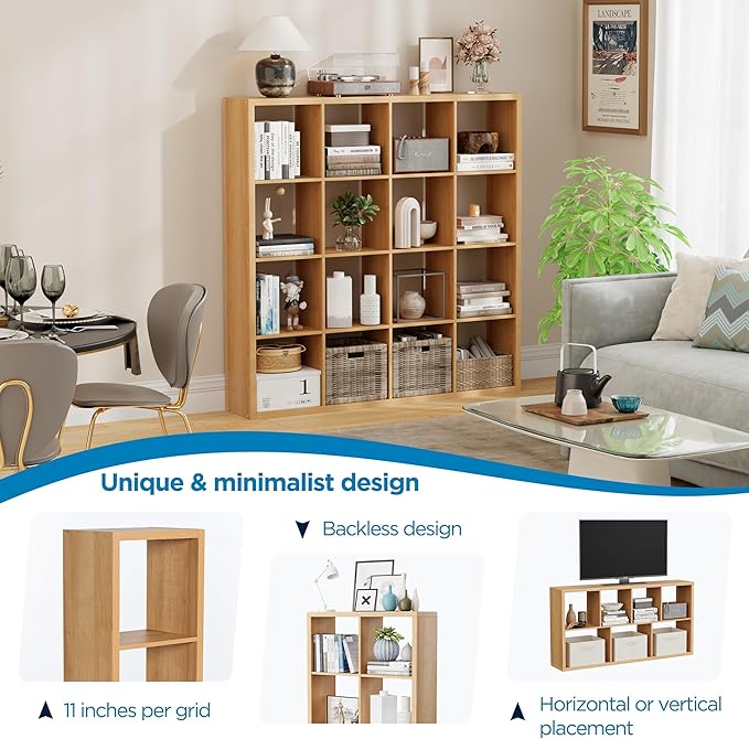 16-Cube Storage Organizer Bookcase, Thick Frame Wood Grain Storage Shelf, Rectangular Cube Open Back Display Unit, 48.8x9.4x48.8 Inches for Living Room, Bedroom, Home Office, Natural Wood