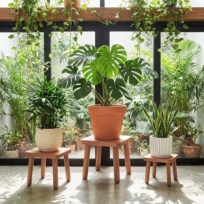 Pinkunn 3 Pcs Wood Plant Stand Indoor Plant Stand for 3-12 Inch Pots Mid-century Modern Plants Stool Plants Pot Holder Home Decor for Balcony Living Room Office Courtyard Detachable(Square Style)