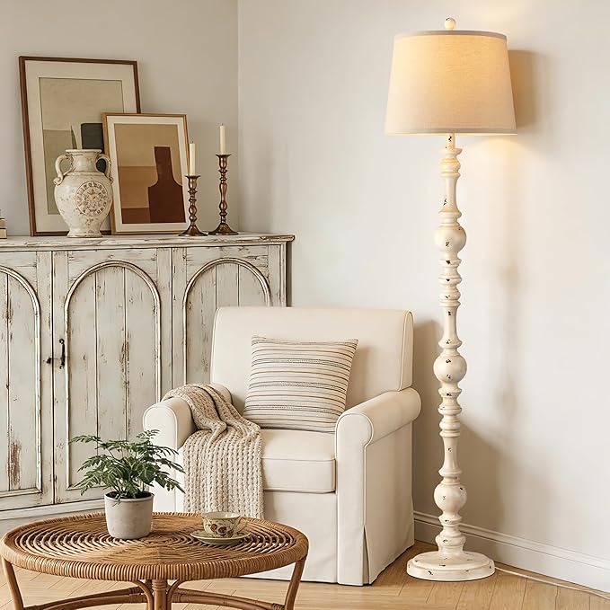 QiMH Vintage Floor Lamp for Living Room,61" Tall Rustic Standing Lamp with Linen Lampshade, Rotary Switch Farmhouse Floor lamp for Bedroom, Corner, Dining Room, Home Decor, Shabby White