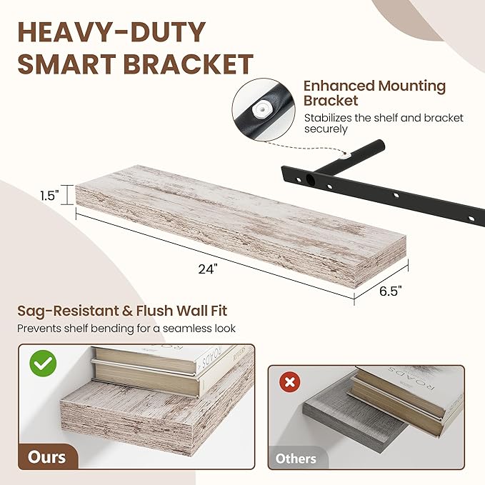 24 Inch Floating Shelves for Wall 2 Pack, 24" Wall Shelves for Books, Storage, Decor, Wall Mounted Floating Shelf with Invisible Brackets for Kitchen, Living Room, Rustic