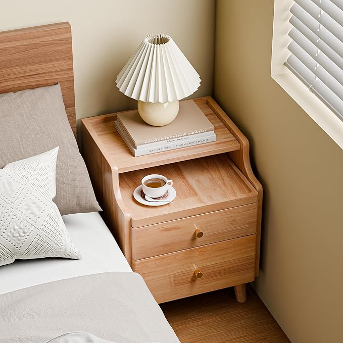 Nightstand with Drawers, Pre-Assembled, 19.7" H Natural Solid Wood Night Stand with Open Sliding Shelf, Mid Century Modern Small Bedside Table Cabinet for Bedroom, End Side Table, Natural Oak