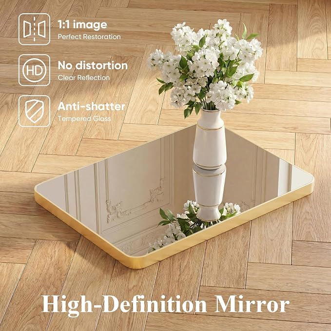 Sweetcrispy Bathroom Mirror for Over Sink, 26x38 Inch Wall Mount Mirror with a Rounded Rectangle and Matte Metal Frame, Modern Wall Vanity Mirrors for Home Decor, Living Room, Bedroom, Gold