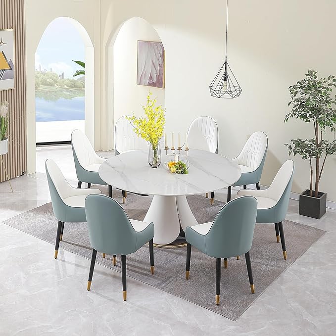 Round Marble Dining Table for 6-8, Multi-Functional Retractable Kitchen and Dining Room Table, Petal Pu Leather & Metal Base (Only Table)