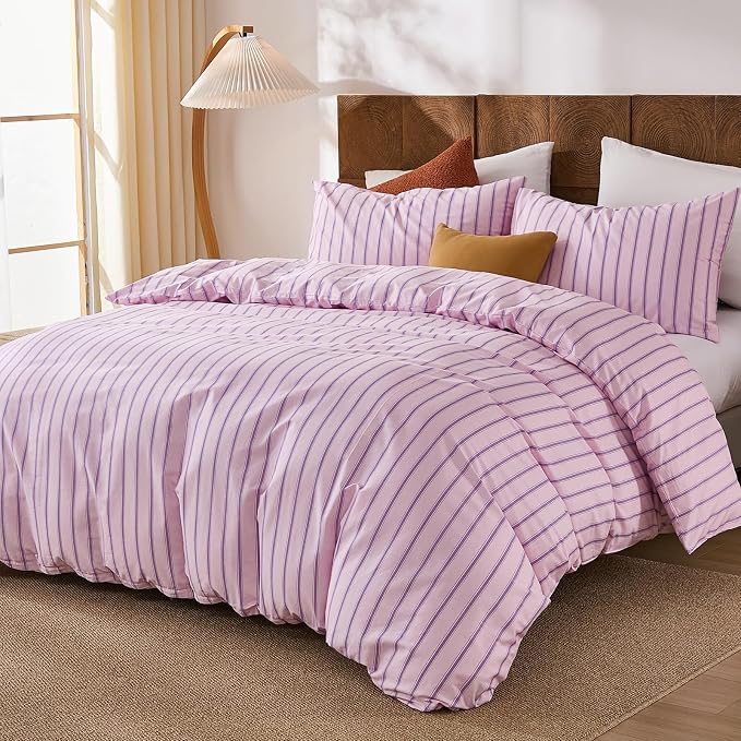 Merryword 100% Cotton Duvet Cover Set Queen Size - Pink & Purple Striped Bedding Set with Zipper & Corner Ties, 3-Piece Luxury & Silky Soft Bedding Set for All Seasons