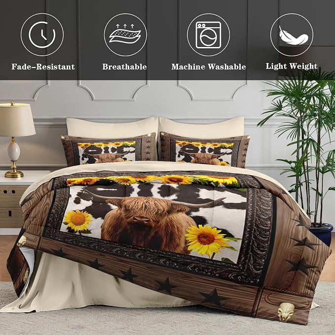 WeCozy 5 Pcs Twin Size Comforter Set with Pillowcase & Sham, Brown Highland Cow Sunflower Bedding for Kids and Adults, Bull Animal Farm Bed in a Bag with Flat Fitted Sheet