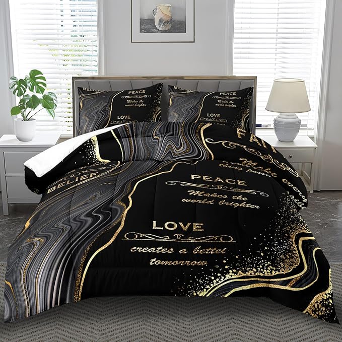Black and Gold Comforter Set Queen,Marble Comforter for Boys,Black and Gold Bedding Set Queen,Marble Bedding for Girls,Goth Vintage Quilt Aldult,Goth Vintage Bedroom Decor