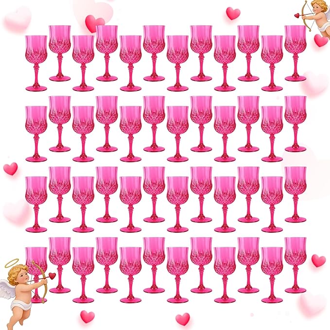 Plastic Wine Glasses, Plastic Goblets Vintage Style Cordial Drinking Glasses for Valentine’s Day, Wedding Reception, Grand Event Party Supplies (48, Hot Pink)