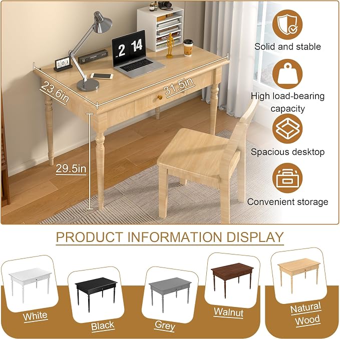 Solid Wood French Country Desk,Writing Desk with Storage Drawers,Farmhouse Computer Table Makeup Table Modern Simple Style,for Home Office Living Room Study Workspace Bedroom (Wood, 31.5IN)