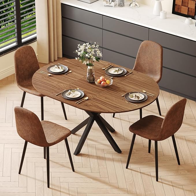 Extendable Dining Table Set for 4, 43-59" Round Dining Room Table Set, Walnut Wood Grain Table and 4 Brown Suede Upholstered Chairs Set, Mid Century Modern Kitchen Table Set with Cross Legs