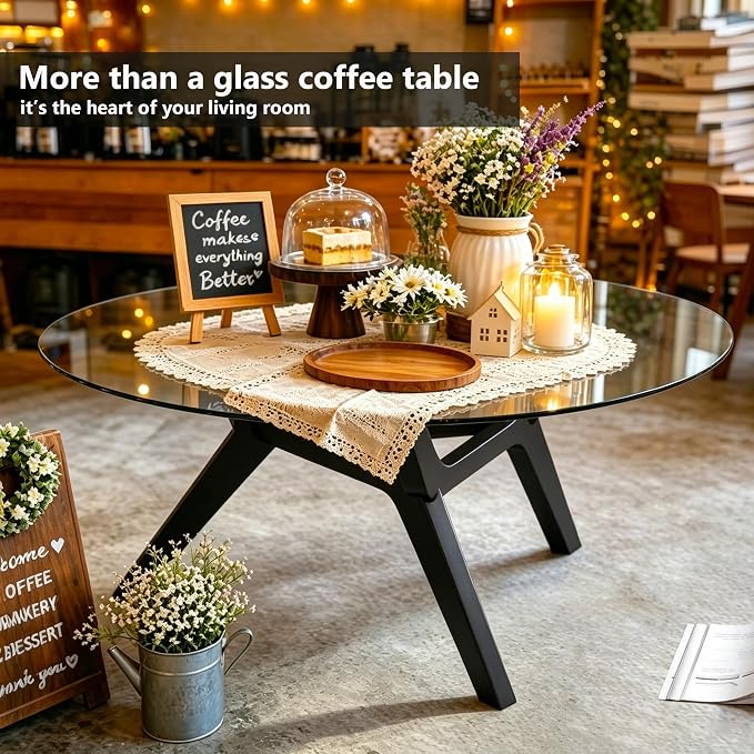 Glass Coffee Table - Round Coffee Table with Clear Tempered Glass Top, Modern Low Minimalist Center Table, Sturdy Solid Wood Coffee Table for Living Room Home Office, Black
