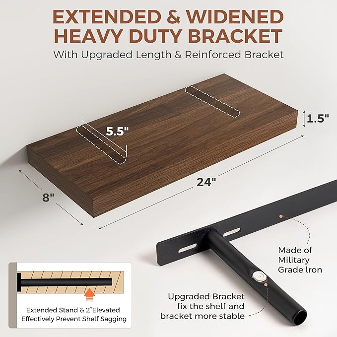 Dreamland Floating Shelves for Wall,8 Inch Deep Floating Shelves,24" W x 8" D Wall Shelves for Bedroom, Living Room, Kitchen, Bathroom,Walnut,Set of 2