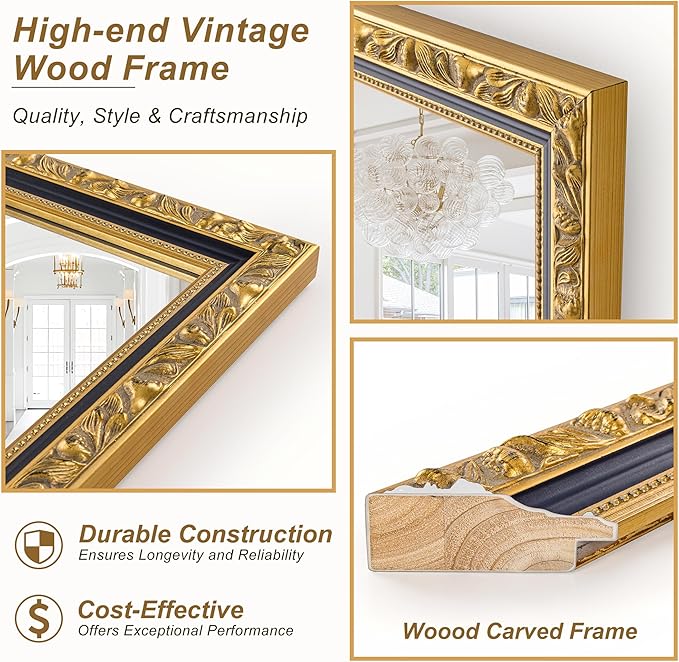 Large Vintage Decorative Mirror for Wall, 52'' x 28'' Gold Antiuqe Living Room Mirror with Black Gold Frame, Traditional Vintage Gold Wooden Mirrors, Horizontal/Vertical