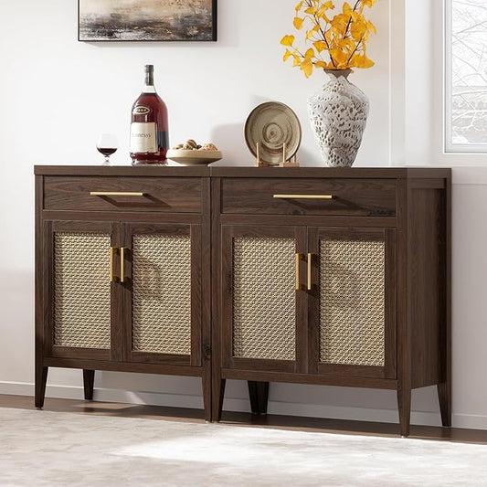 SICOTAS Buffet Cabinet Set of 2 - Modern Sideboard Cabinet Tall Credenza with Drawers & Metal Mesh Doors, Accent Buffet Table Coffee Bar for Living Room Dining Room Entryway, Espresso Walnut
