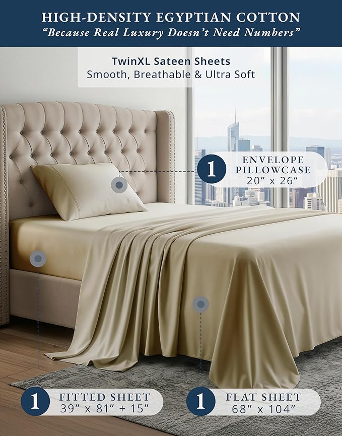 LANE LINEN 100% Egyptian Cotton Extra Long Twin Sheet Set, Soft & Comfy No Pill Fade Resistant Oeko-Tex Certified sustainably Produced Cotton Sheets XL Twin Sheets - Linen