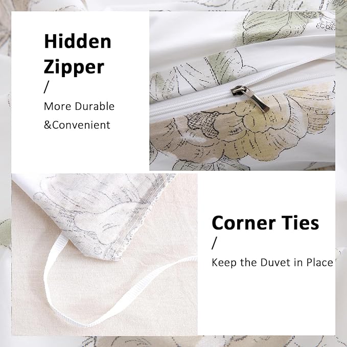 Floral Duvet Cover King Size 100% Cotton Duvet Cover Set Khaki and Green Floral Duvet Cover with Zipper Closure & Corner Ties 3 Pcs Soft & Breathable Comforter Cover Sets