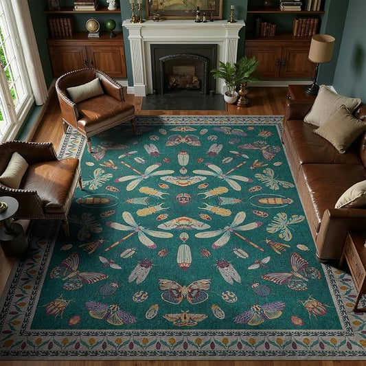 DCX 8x10 Washable Insect Rug, Vintage Gothic Deep Teal Rug with Non-Slip Rubber Backing, Soft Low-Pile, Stain-Resistant, Kid & Pet Friendly, for Living Room, Bedroom, Office, and Nature-Themed Decor