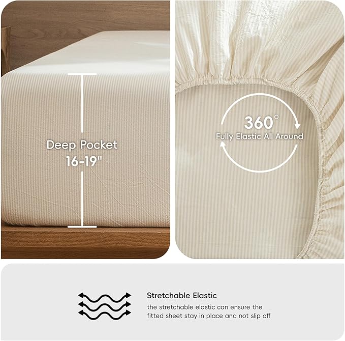 MooMee Striped Sheet Set 100% Washed Cotton Linen Like Textured Breathable Durable Soft Comfy (Almond Milk Grey Pinstripes, King)