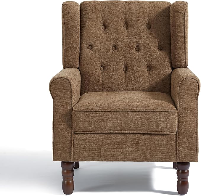 High Back Accent Chairs Set of 2, Fabric Upholstered Armchair Retro Wingback Arm Chair for Living Room, Comfy Single Sofa Bedroom Retro Reading Seat with Solid Wood Legs - Brown